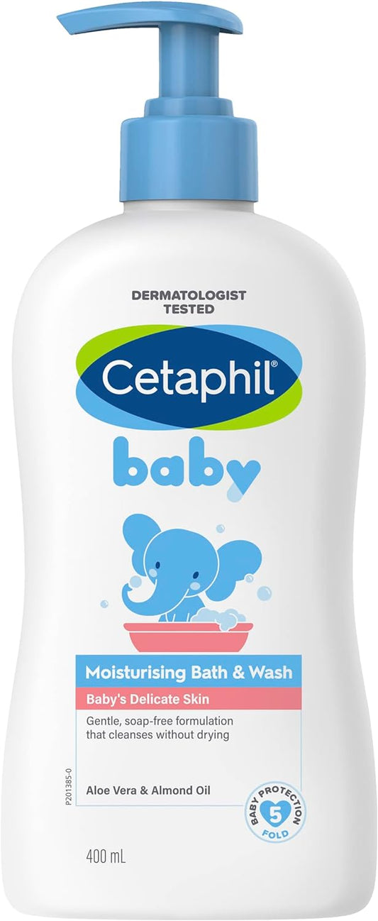 Cetaphil Baby Moisturising Bath & Wash 400mL | For Gentle Cleansing of Delicate Skin | Tear Free | Soap Free | Hypoallergenic | pH balanced | 1/3 Lotion with Aloe Vera & Almond Oil | Dermatologically Tested