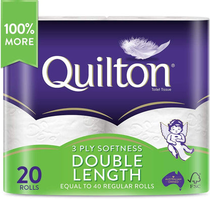 Quilton 3 Ply Double Length Toilet Tissue (360 Sheets per Roll), Pack of 20 rolls