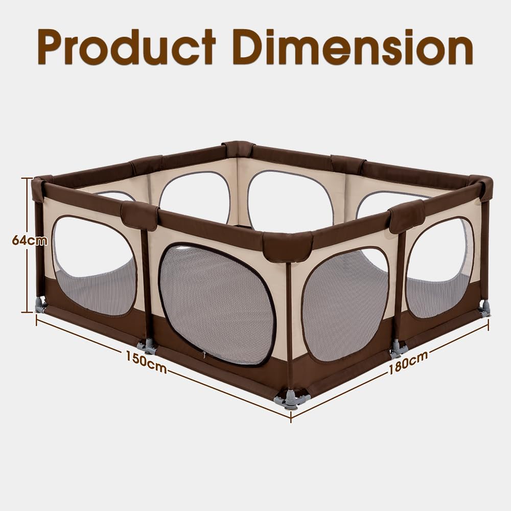 Playpals Baby Playpen, 150x180CM Play Pen for Babies & Toddlers, Large,Brown