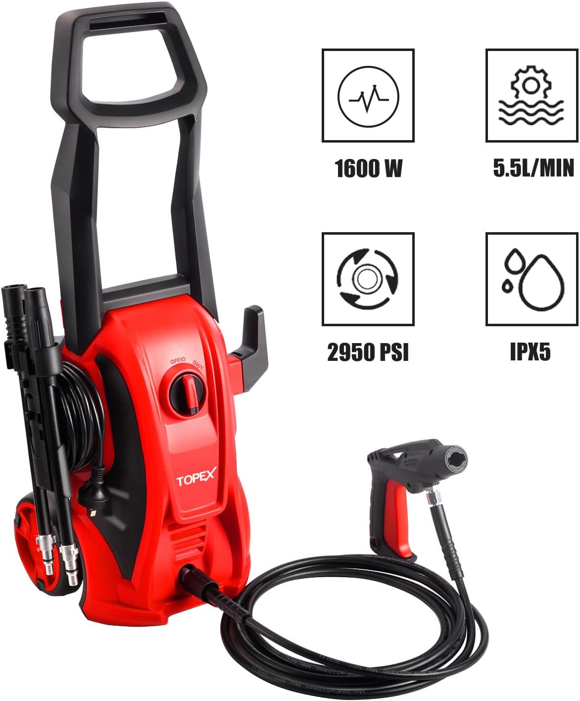 TOPEX High Pressure Washer Electric Cleaner Washing Machine w/Adjustable Spray Gun for Cars Fences Patios