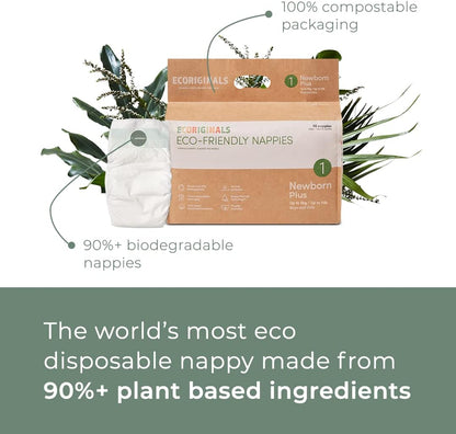 Ecoriginals Eco Disposable Nappies | Newborn Plus Baby Size 1, 3.5-5kg | 3 Pack, 90 count | Plant-Based, Non-Toxic
