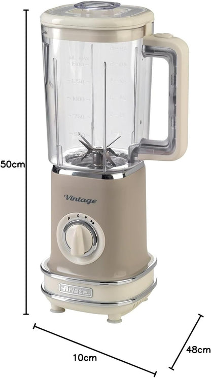 Ariete 568 Vintage Stand Blender Easy Storage 500W Jug 1.5L Plastic Container 6 Stainless Steel Blades 2 Speed Levels Pulse Double Security Beige