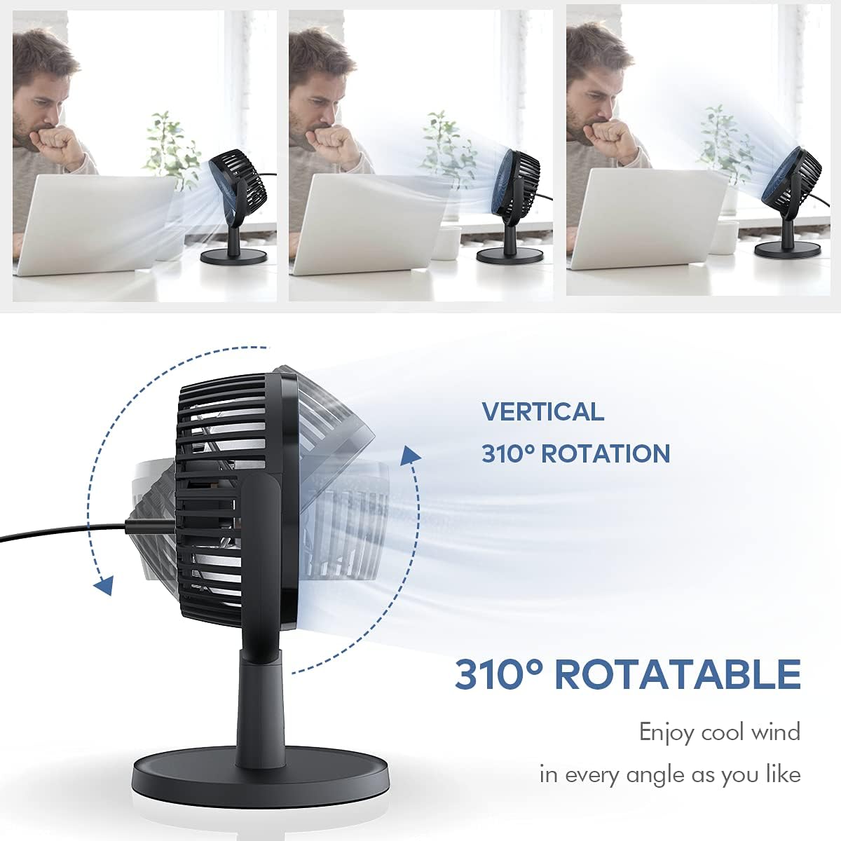 Mini Desk Fan, USB Powered Desktop Fan with 4 Speeds, Small but Powerful Strong Airflow Work Quiet, 310° Adjustment, Portable Personal Air Circulator Fan(Black)