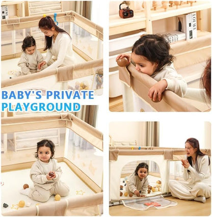 LIODUX Baby Playpen with Mat - 180 x 200cm, Baby Fence Play Area, Toddler (Khaki)