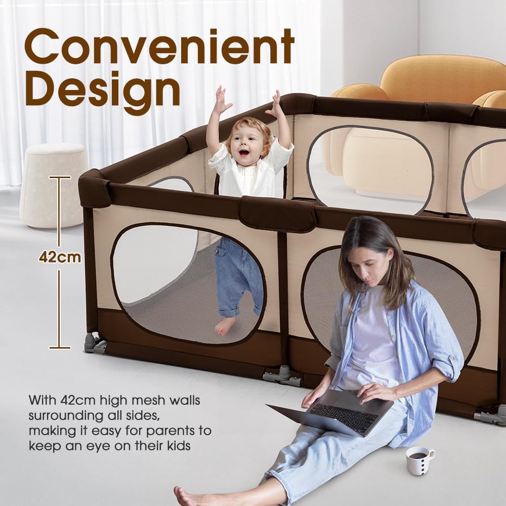 Playpals Baby Playpen, 150x180CM Play Pen for Babies & Toddlers, Large,Brown