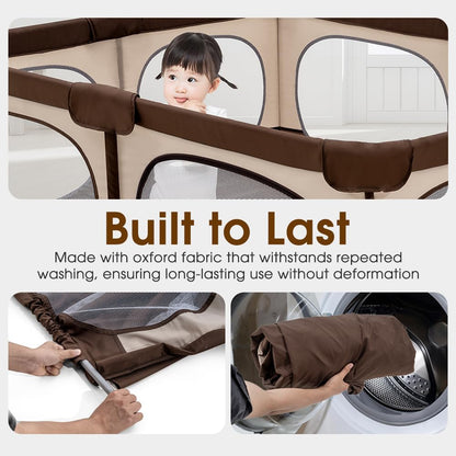 Playpals Baby Playpen, 150x180CM Play Pen for Babies & Toddlers, Large,Brown