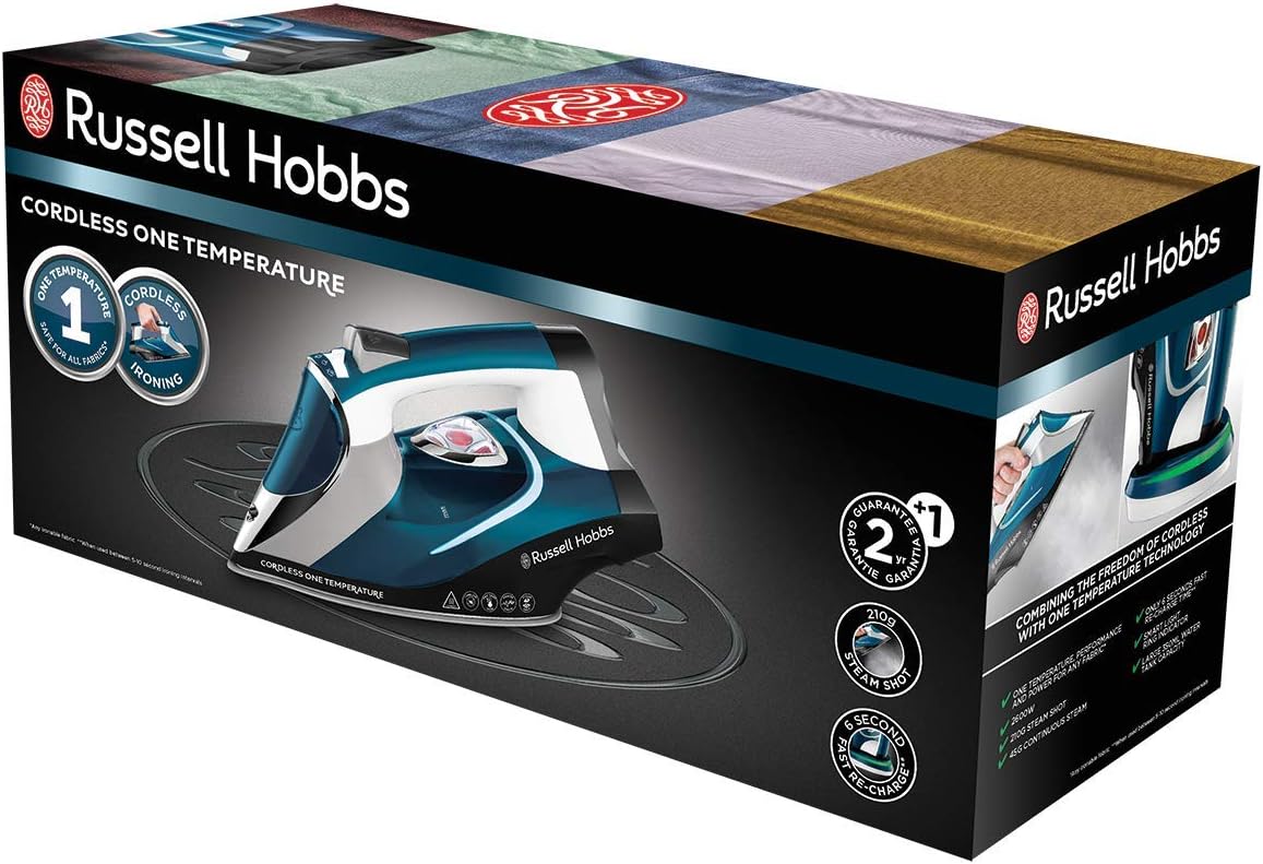 Russell Hobbs Iron [Wireless with Base Station & Opt Temperature for All Fabrics] One-Perfect-Temperature Cordless (2600 W, 210 g/min Extra Steam Boost, Max 25 Seconds Ironing Time) Steam Iron