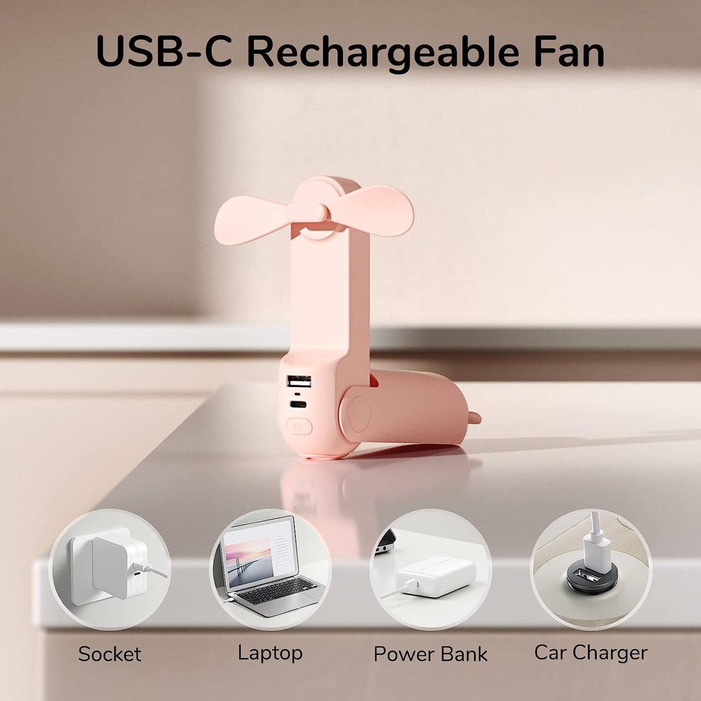 JISULIFE 3 in 1 Handheld Fan, Small Portable Fan, USB Rechargeable Mini Pocket Fan, Battery Operated Fan with Power Bank, Pink