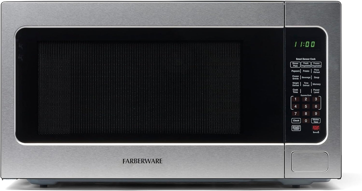 Farberware Countertop Microwave 1100 Watts, 2.2 cu ft - Smart Sensor Microwave Oven With LED Lighting and Child Lock - Perfect for Apartments and Dorms - Easy Clean Black Interior, Stainless Steel
