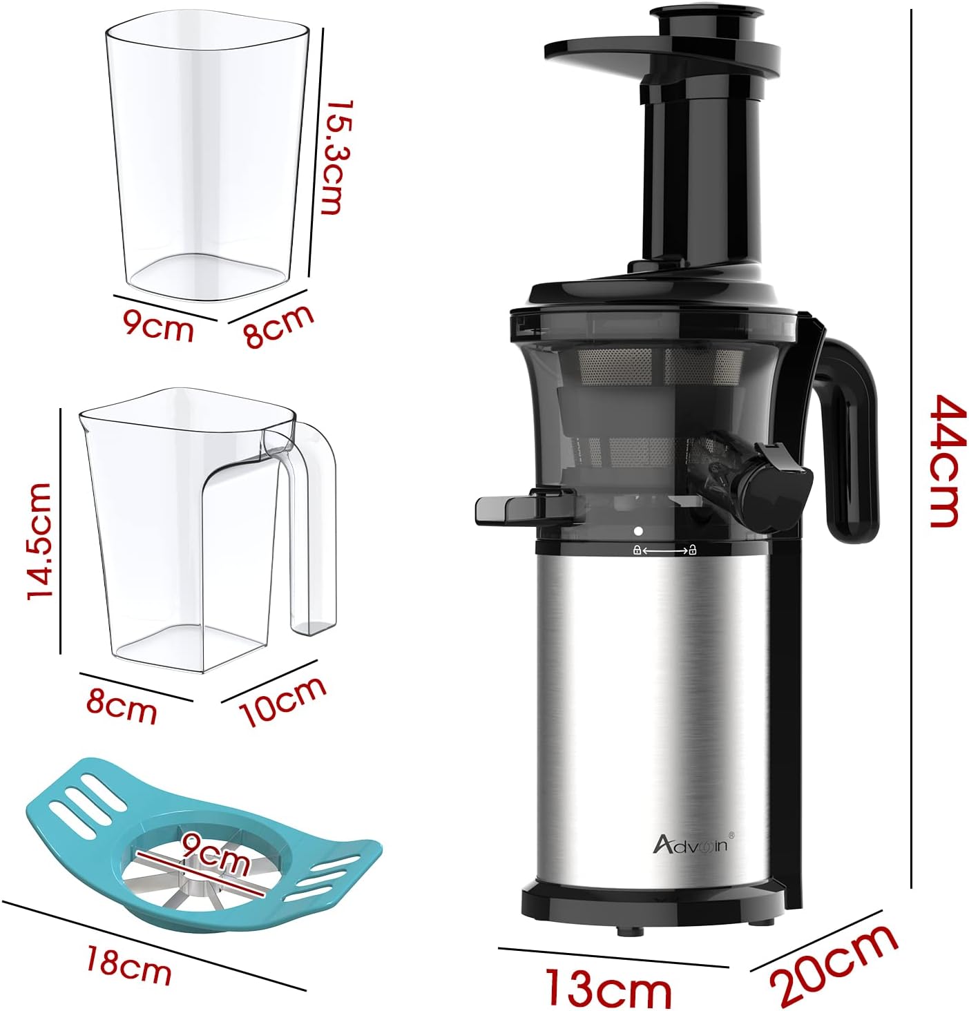 ADVWIN Electric Slow Juicer Multi Blender, 200W Cold Press Slow Juicer Compact Masticating  Machine with Cleaning Brush, 2 Pulp Measuring Cups(350ml & 800ml), Stainless Steel