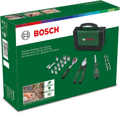 Bosch Home & Garden Mobility Hand Tool Set 26-Piece (Compact and Portable Tool Kit for DIY Tasks; Optimal Choice on the Road; 1/4" Ratchet; Combination Pliers; Universal Screwdriver; in Fabric Bag)