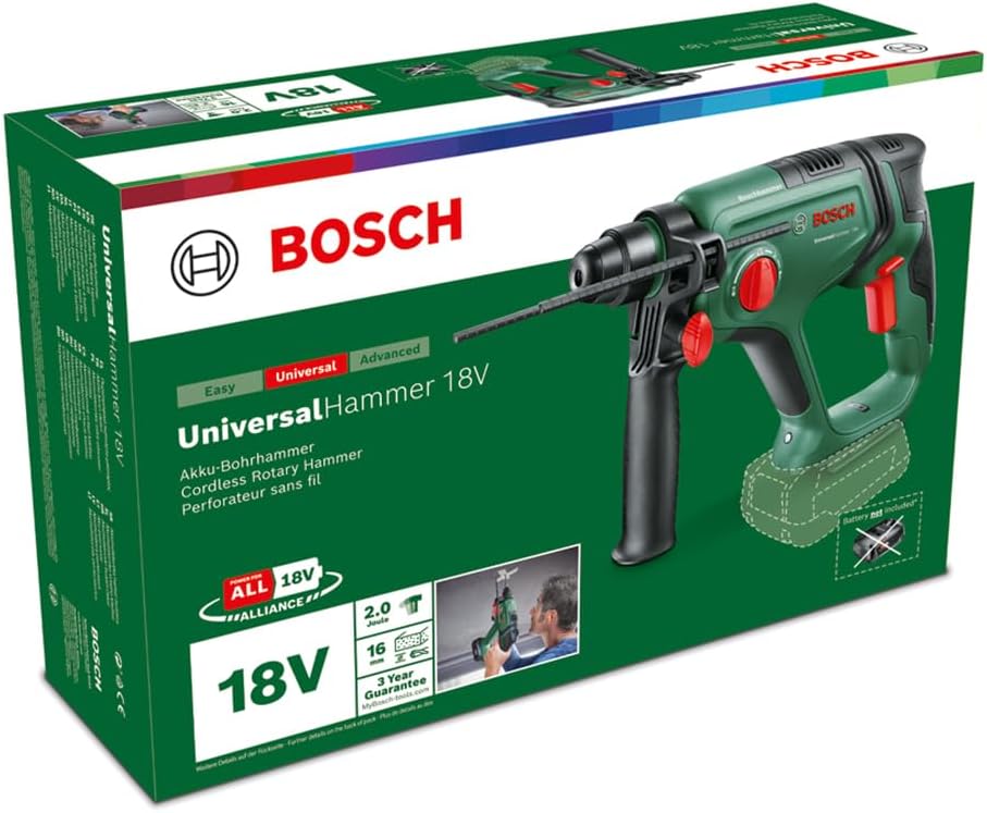 Bosch Home & Garden 18V Cordless Rotary Hammer Drill SDS Plus Without Battery, Drilling/Hammer Drilling/Chiselling; 2.0 J Impact Energy, Tool Holder (UniversalHammer 18V)