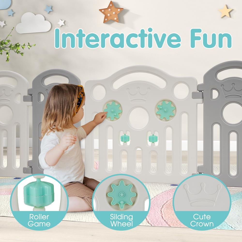 PlayPals Baby Playpen, 18 Panels Baby Play Pen with Lock Door, Adjustable  (Gray + White)