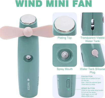 Staiko Handheld Mini Fan, 2 IN 1 Hand Fan,Portable USB Rechargeable Small Pocket Fan,Spray Water Mist Fan for Women,Travel,Outdoor-Green