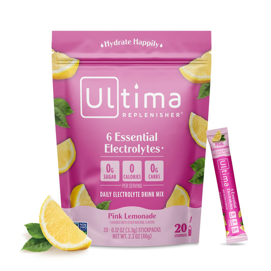 Ultima Replenisher Daily Electrolyte Drink Mix – Pink Lemonade, 20 Stickpacks – Hydration Packets with 6 Electrolytes & Trace Minerals – Keto Friendly, Vegan, Non-GMO & Sugar-Free Electrolyte Powder