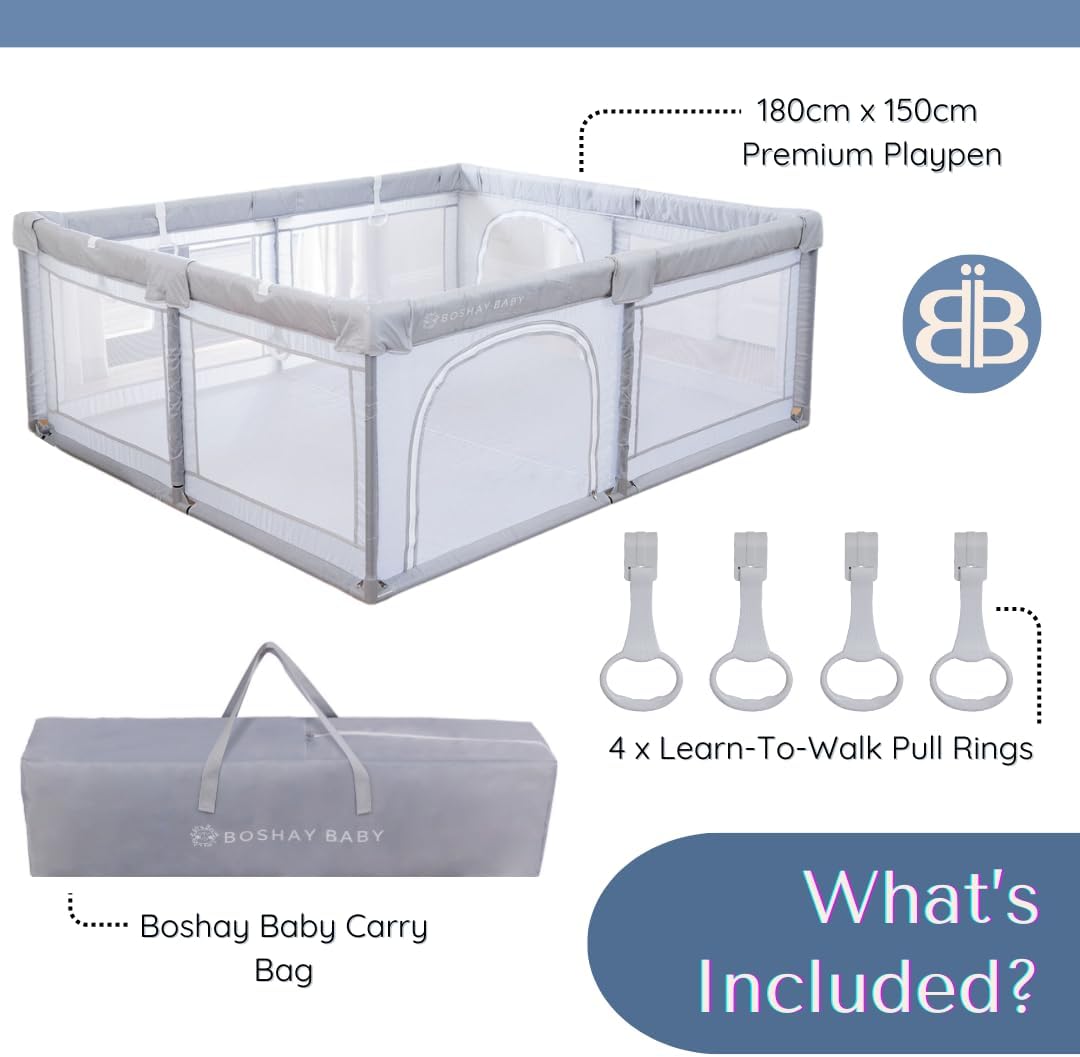 Aussie BOSHAY BABY Playpen, 1.8m x 1.5m Large Playpen in Grey, Baby/Kids Activity Play Yard