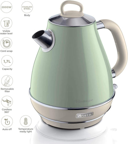 Ariete 2869/04 Retro Style Cordless Jug Kettle, Cool to Touch Exterior and Removable Filter, Water Indicator at Eye Level, Vintage Design, 2000 W, 1.7 litres, Green