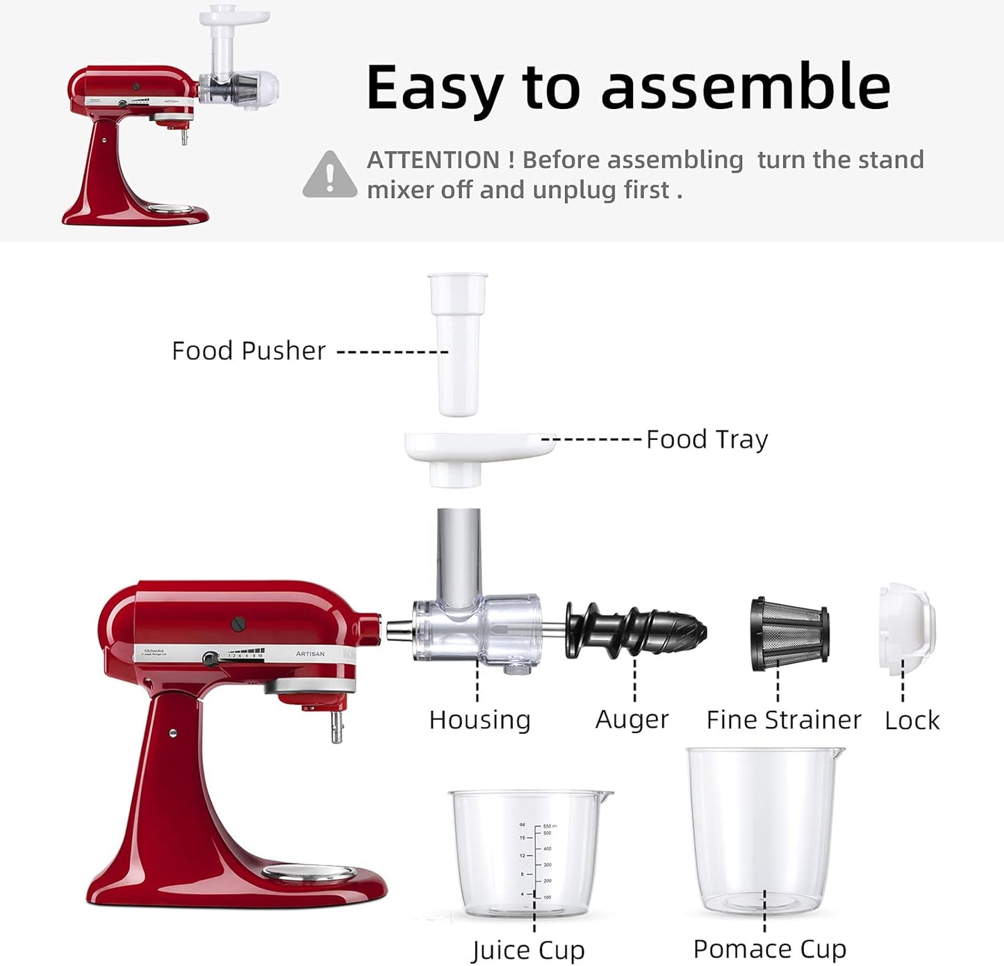 Slow Juicer Attachment for KitchenAid Stand Mixer, for Juicing Vegetables and Fruits