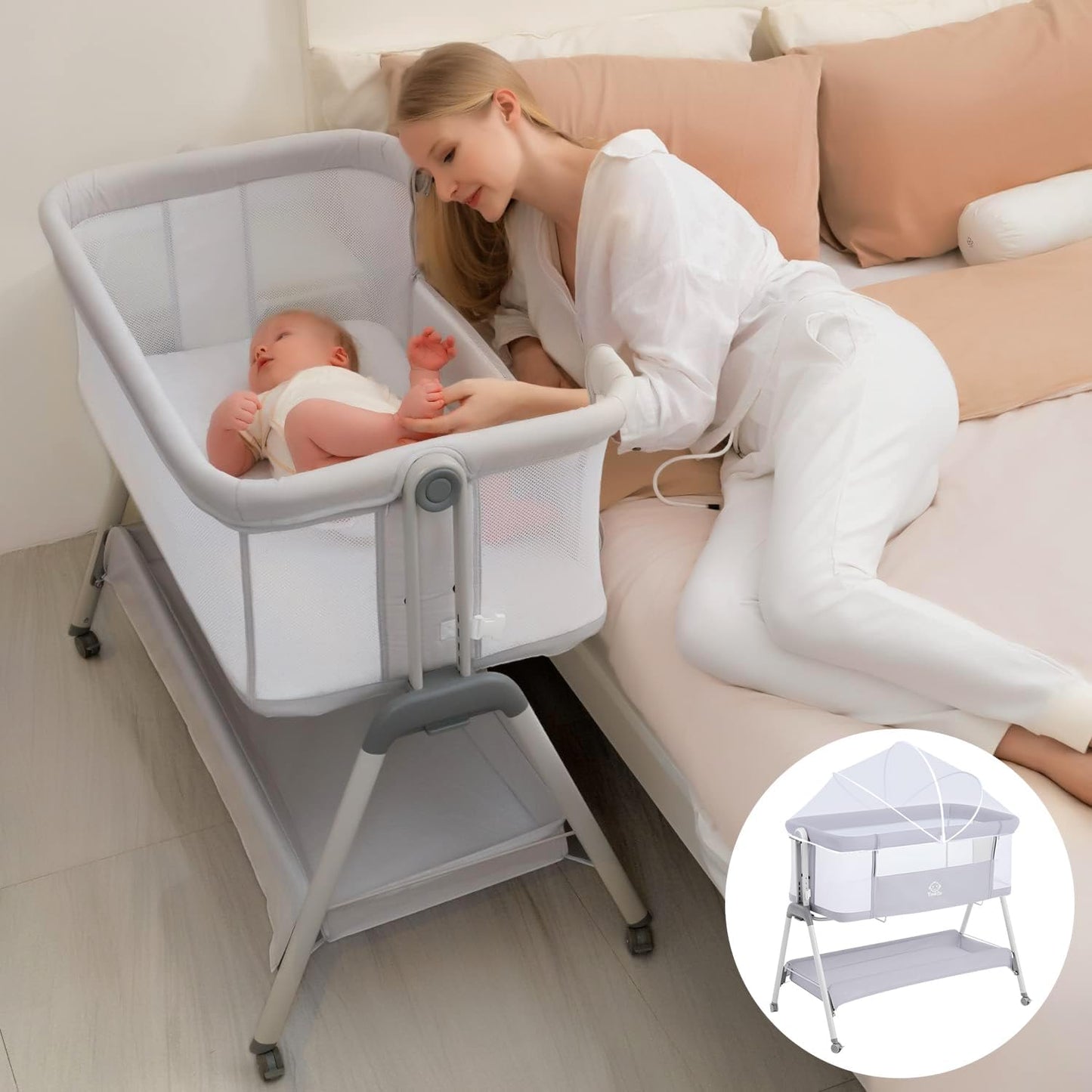 Baby Bassinet with Mattress, 3-in-1 Bedside Sleeper Co Sleeper Bassinet, Baby Bedside Bassinet Cribs Cradle with Mosquito net, Convertible Baby Cot for 0-6.