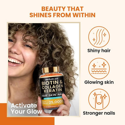 Venture Pal Biotin Gummies with Collagen & Keratin - Hair Growth Support Skin and Nail Strength Vitamins for Women & Men - Biotin 10000mcg