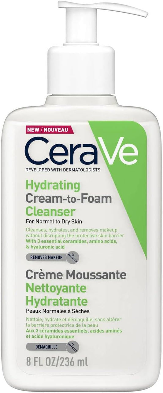 CeraVe Hydrating Cream-to-Foam Cleanser | 236ml/8oz | Removes Makeup and Cleanses with Hyaluronic Acid