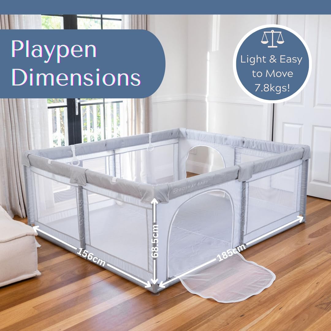 Aussie BOSHAY BABY Playpen, 1.8m x 1.5m Large Playpen in Grey, Baby/Kids Activity Play Yard