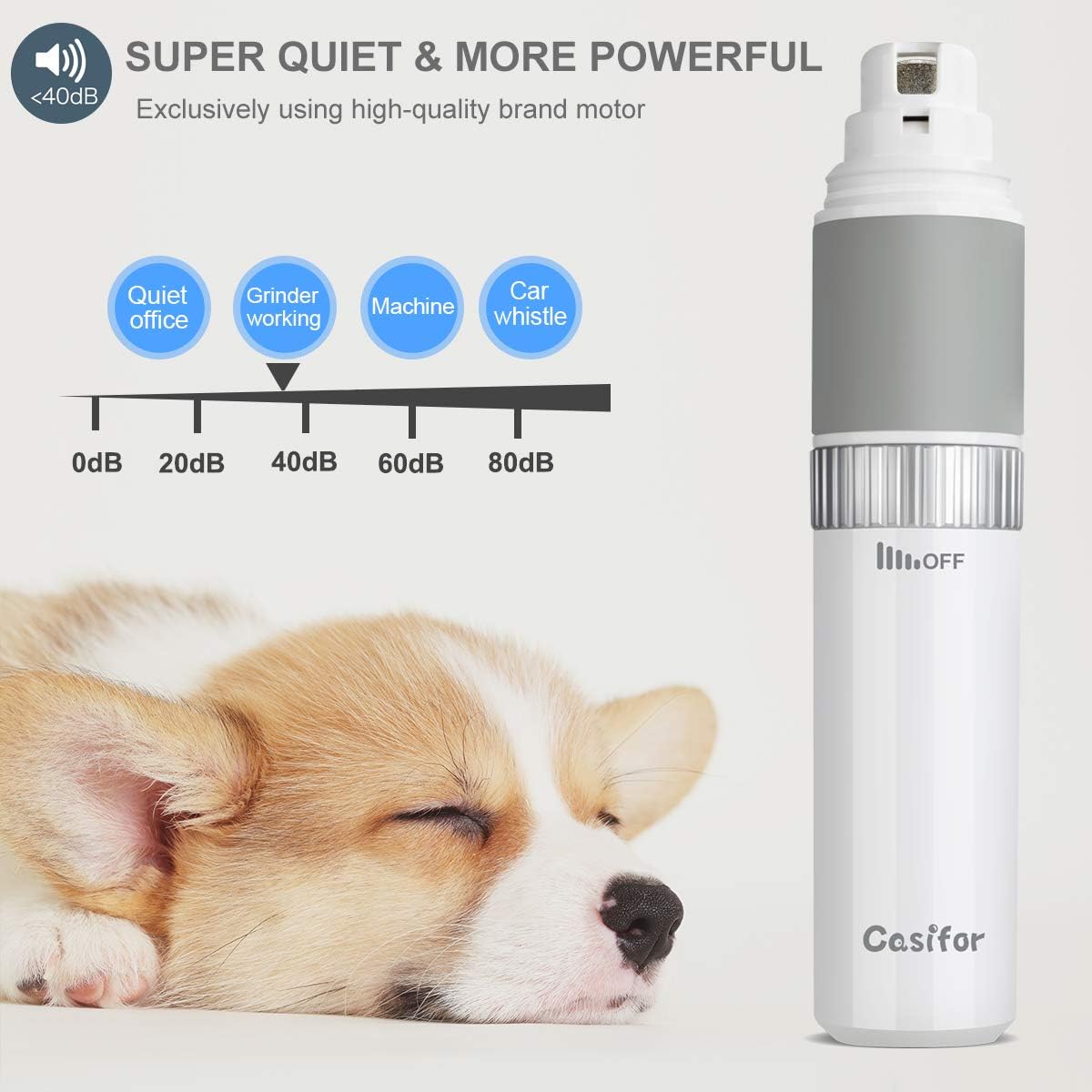 Casifor Dog Nail Grinder and Clippers Quiet with 20h Working Time Professional Pet Nail Trimmer Stepless Speed Regulation Pet Nail Grinder Eelectric Nail File for Large Medium Small Dogs and Cats