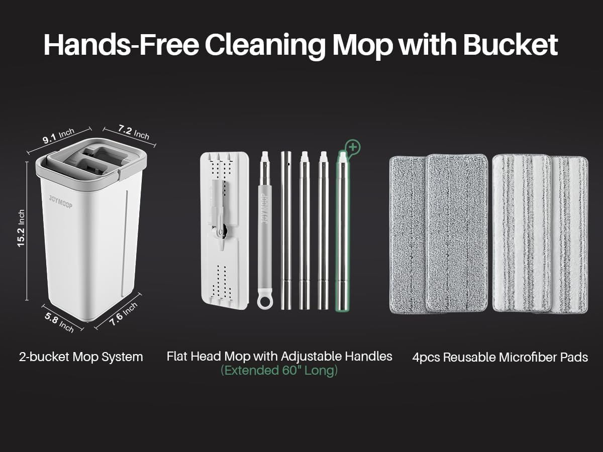 JOYMOOP Mop and Bucket Set with Wringer, Hands Free Flat Mops for Floor Cleaning, 60" Mop with 4 Reusable Microfiber Pads, Wet and Dry Use