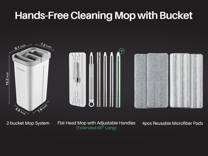 JOYMOOP Mop and Bucket Set with Wringer, Hands Free Flat Mops for Floor Cleaning, 60" Mop with 4 Reusable Microfiber Pads, Wet and Dry Use