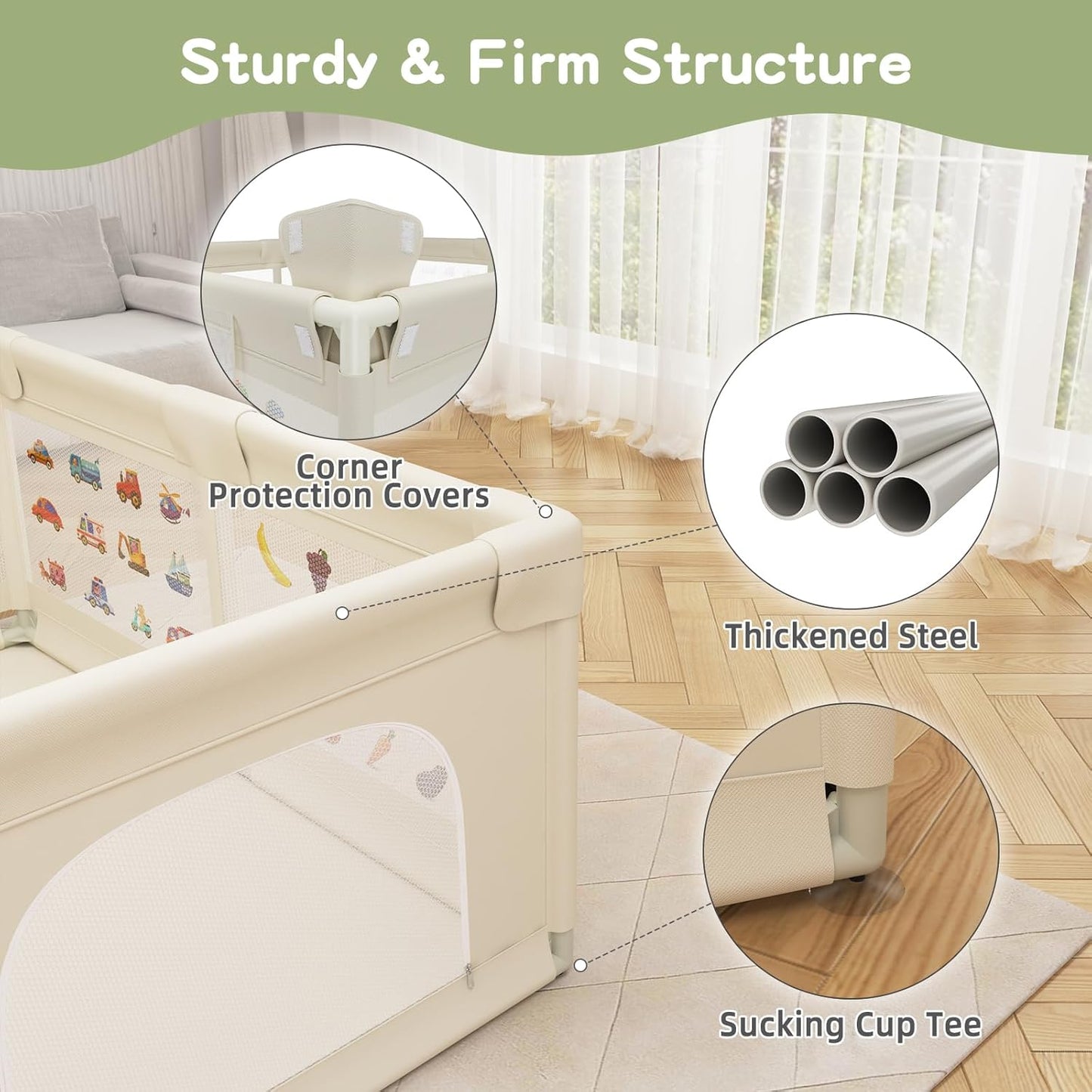 Baby Playpen 200 x 160 cm, Extra-Large Non-Slip Playpens with Patterns, 50 Ocean Balls, 6 Pull Rings (Beige)