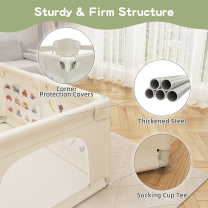 Baby Playpen 200 x 160 cm, Extra-Large Non-Slip Playpens with Patterns, 50 Ocean Balls, 6 Pull Rings (Beige)