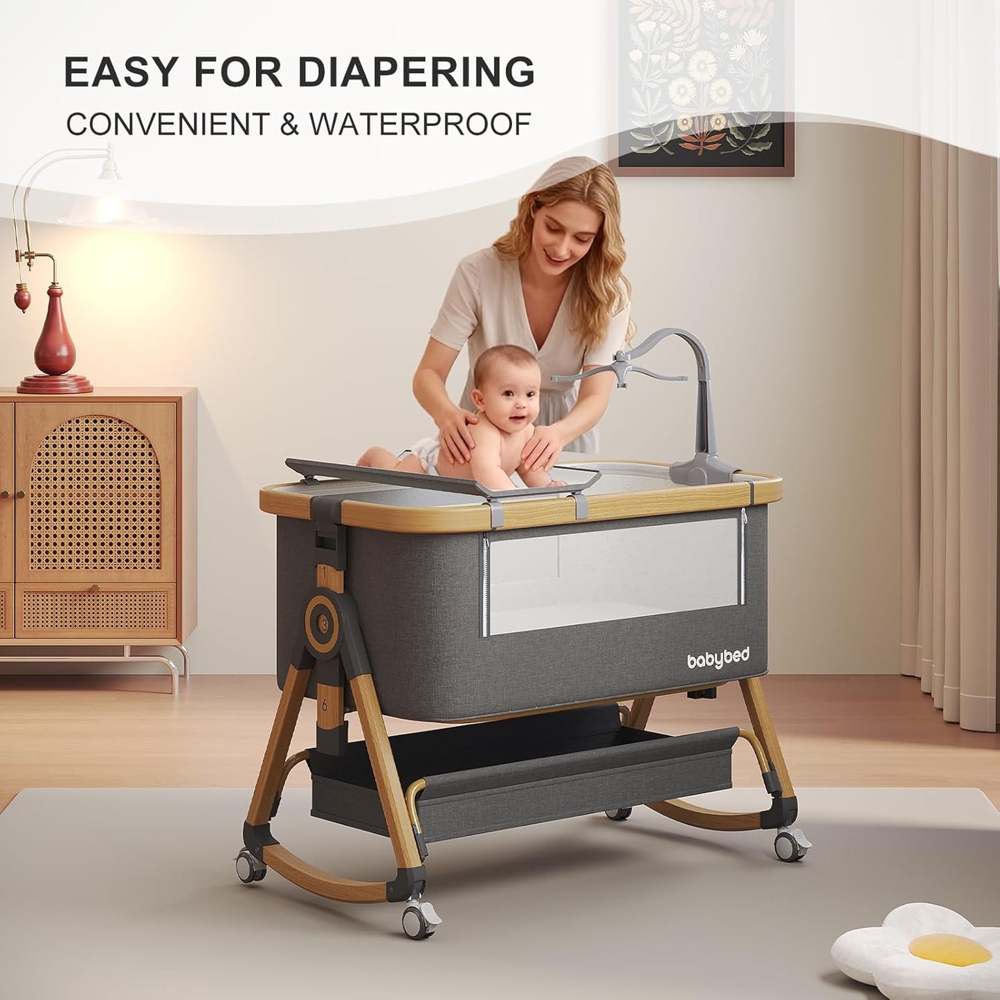 Baby Bassinet, 4 in 1 Bedside Sleeper with Mosquito Net 4D Air Fiber Mattress and Soft Braided Crib Bumper