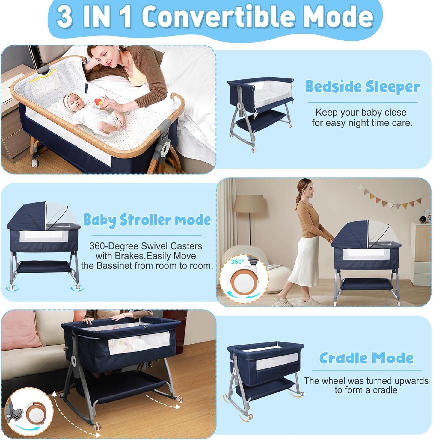 3 in 1 Baby Bassinet, Bedside Sleeper for Baby, Bedside Crib with Wheels & Storage Basket & Mosquito Net, Height Adjustable Baby Bed, Portable Bassinet for Newborn/Infant（Blue）