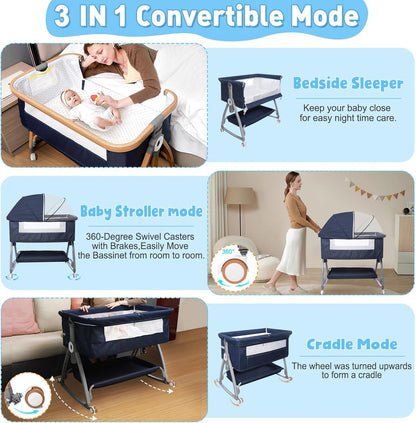 3 in 1 Baby Bassinet, Bedside Sleeper for Baby, Bedside Crib with Wheels & Storage Basket & Mosquito Net, Height Adjustable Baby Bed, Portable Bassinet for Newborn/Infant（Blue）