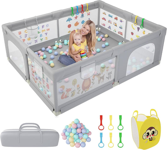 Baby Playpen 200 x 160 cm, Extra-Large Non-Slip Playpen with 50 Ocean Balls, 6 Pull Rings