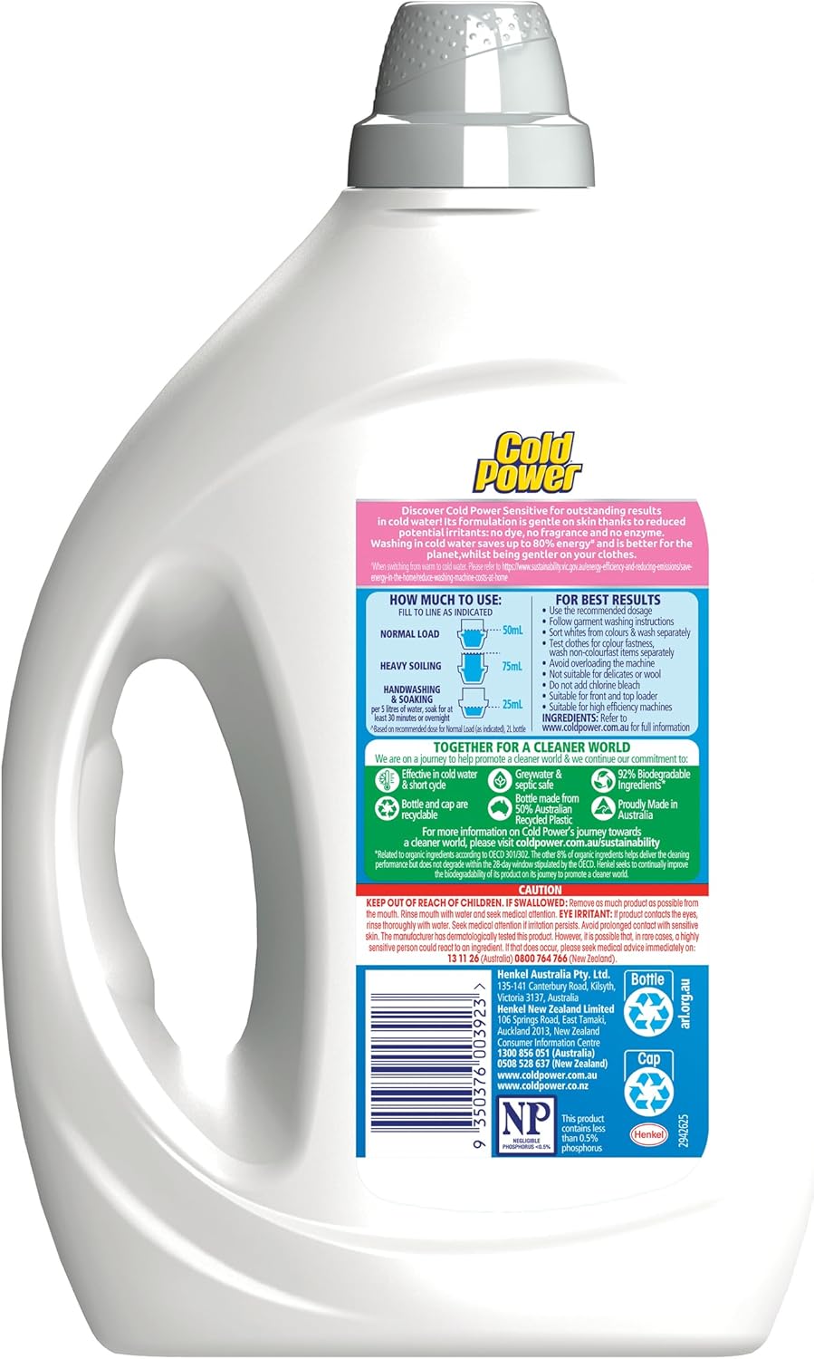 Cold Power Laundry Liquid Sensitive 2L (40 washes), Sensitive Laundry Detergent for Effective Stain Removal and Outstanding Results in Cold Water, No Enzyme and Dye and Perfume-Free Laundry Liquid