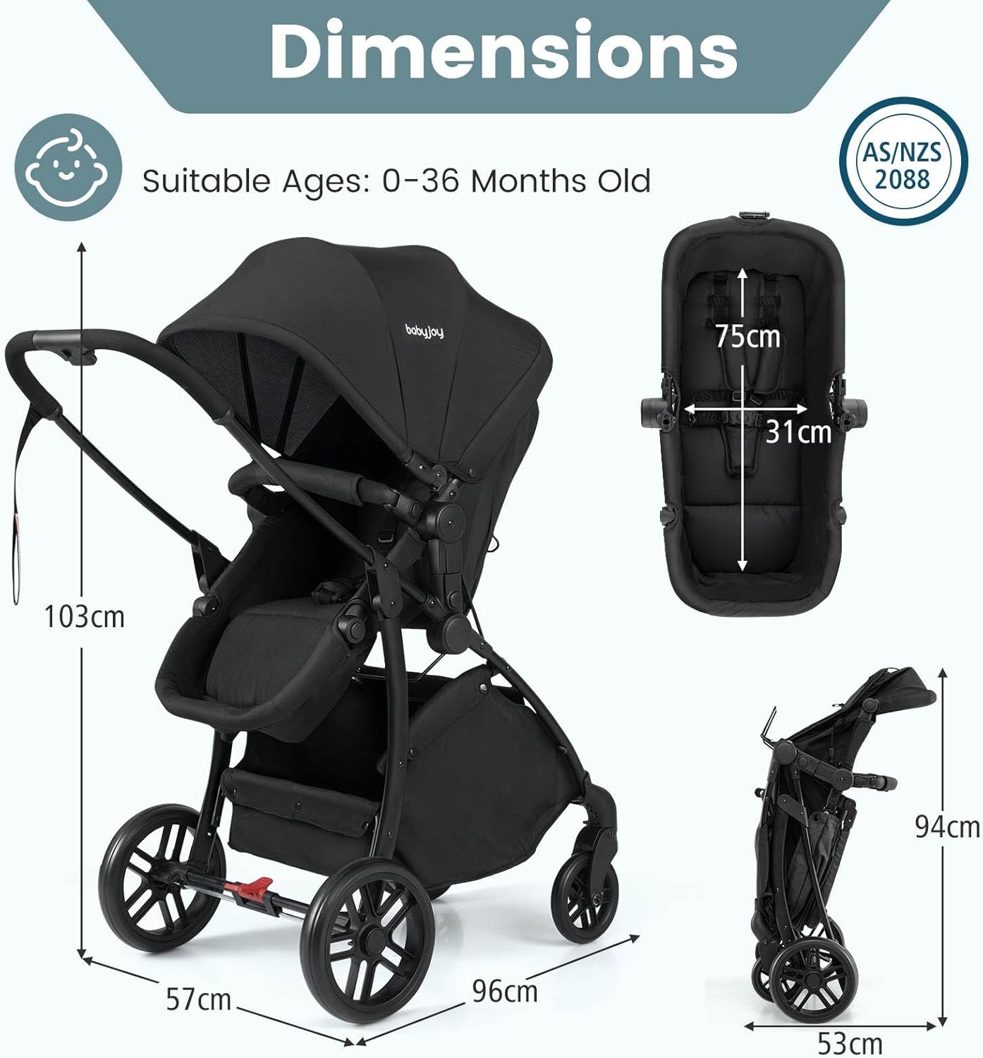 BABY JOY 2 in 1 Baby Stroller, Folding High Landscape Pushchair with Bassinet Mode, Convertible Infant Stroller w/Reversible Seat, Adjustable Canopy, Backrest & Footrest for 0-36 Months (Black)