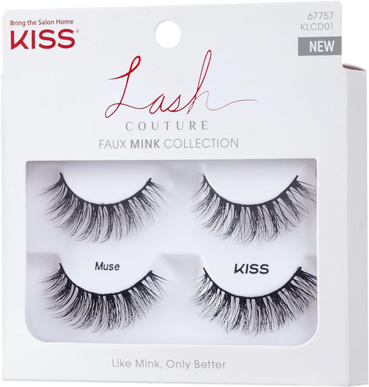 KISS Lash Couture Faux Mink False Eyelashes Double Pack, Knot-Free Lash Band, Reusable, Contact Lens Friendly, Easy To Apply, Ultrafine, Tapered, Synthetic Fake Lashes, Style Muse, 2 Pairs