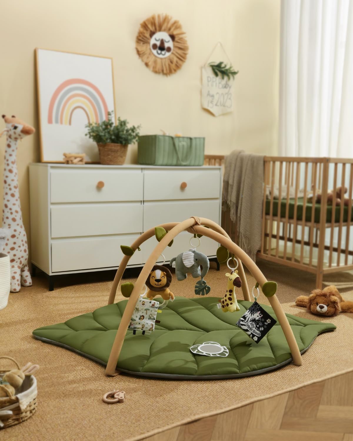 Baby Glide Baby Play Gym & Activity Mat, Oversize Leaf Shaped Baby Play Mat w 6 Detachable Toy