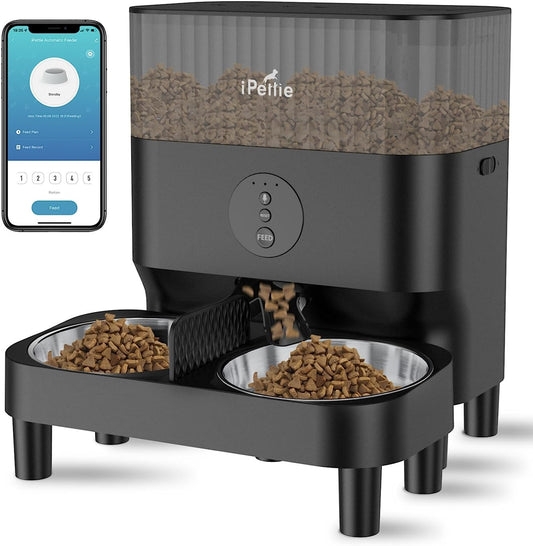 iPettie Automatic Cat Feeder for Two Cats, 2.4G WiFi App Control, 5L/21 Cup Capacity, 1-10 Meals Per Day, Adjustable Bowl Height