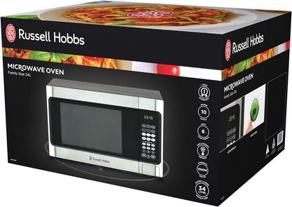 Russell Hobbs Microwave Oven Family Size, RHMO300, 1000W Power, 34L Capacity, 10 Power Levels, 6 Auto Cook Menus, LED Digital Display - Stainless Steel Finish, Silver/Black