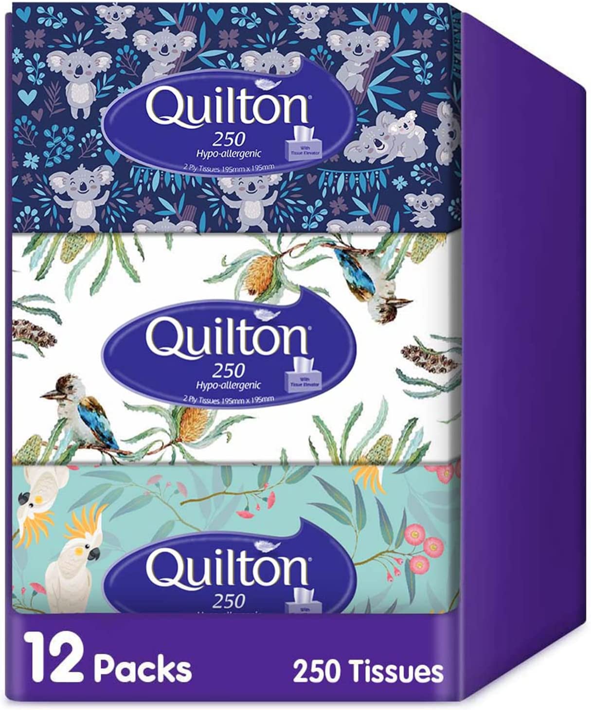 Quilton Hypo Allergenic 2 Ply 250 Facial Tissues , 12 packs
