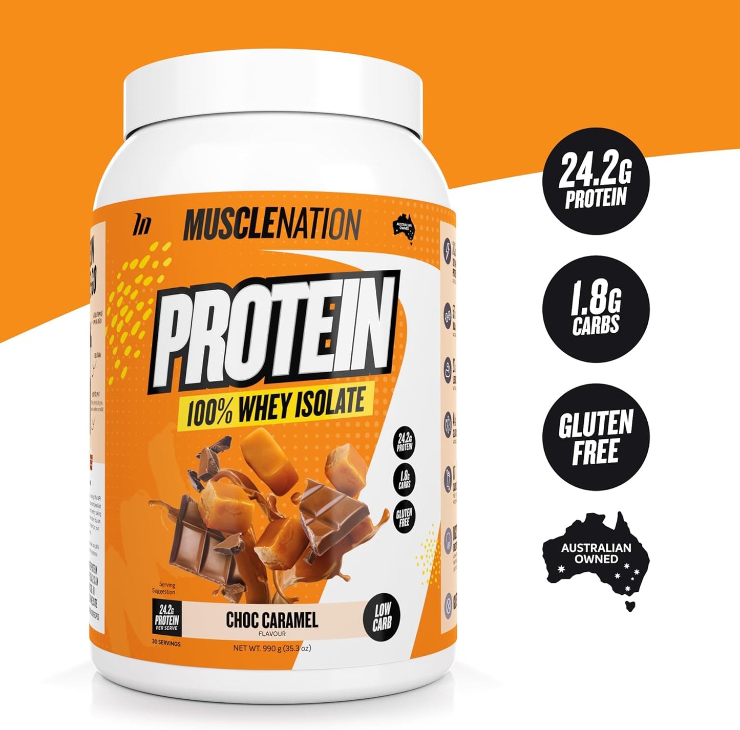 Muscle Nation Choc Caramel Flavour Whey Protein Isolate 990g (30 Serves)