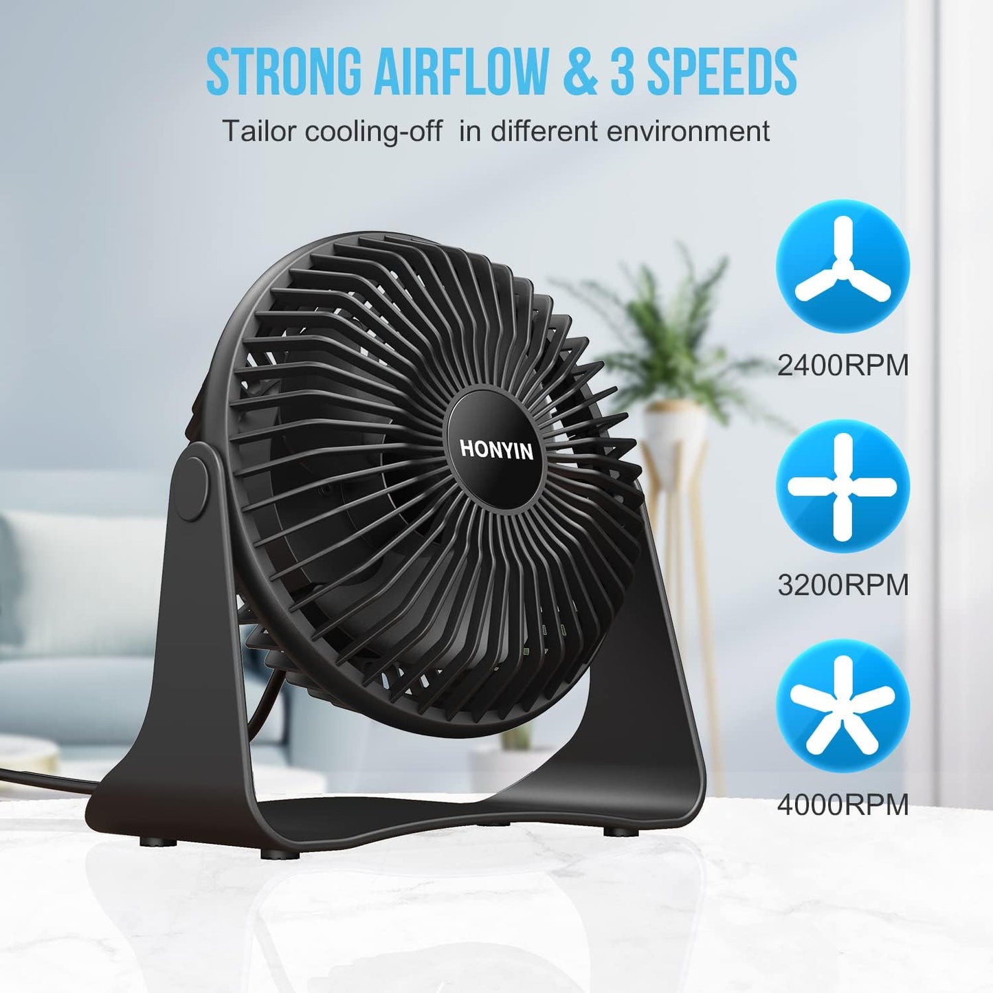 HONYIN 5'' Small USB Desk Fan, 3 Speeds Desktop Table Cooling Fan, 360° Rotatable, Strong Wind