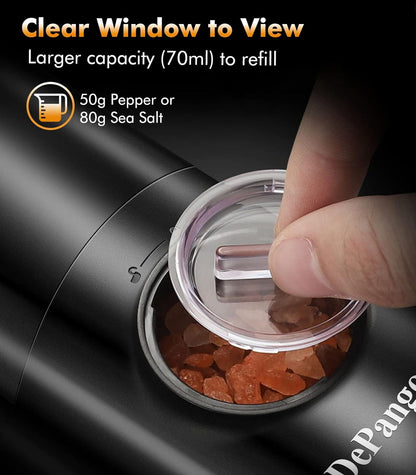 DePango Electric-Salt-and-Pepper-Grinder-Set, Automatic Salt and Pepper Grinder Set Battery-Operated, Salt/Pepper Grinder Mill with 5-Level Adjustable Coarseness, LED Light and Storage Tray (2-Pack)