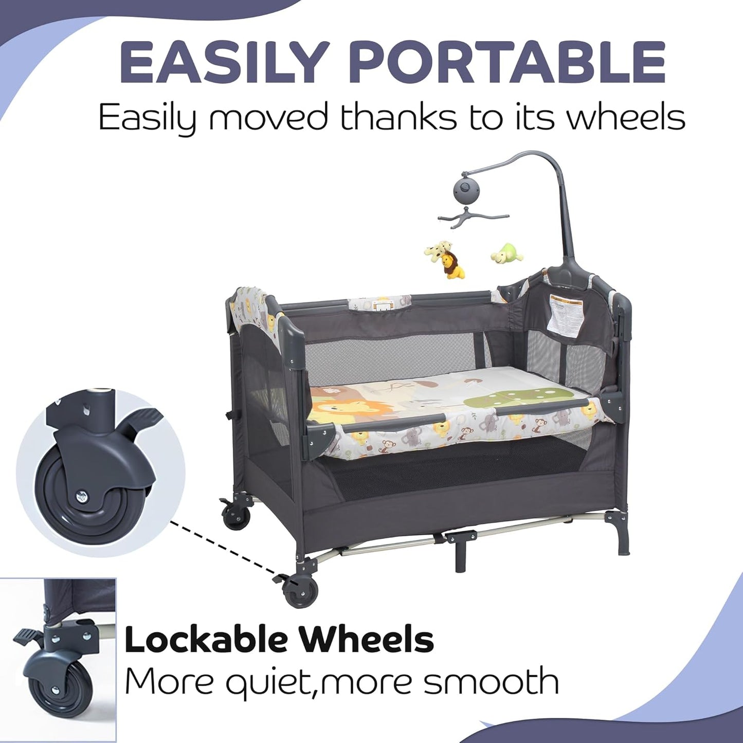 4 in 1 Baby Bassinet with Mattress, Portable Changing Table with Carry Bag & Detachable Side Bar & Music Box, Baby Bedside Sleeper Cot & Activity Area with Hanging Toys & 3 Adjustable Height