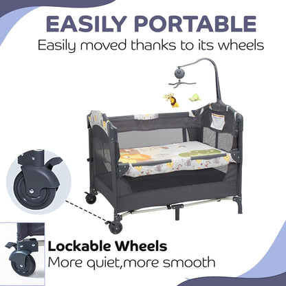 4 in 1 Baby Bassinet with Mattress, Portable Changing Table with Carry Bag & Detachable Side Bar & Music Box, Baby Bedside Sleeper Cot & Activity Area with Hanging Toys & 3 Adjustable Height