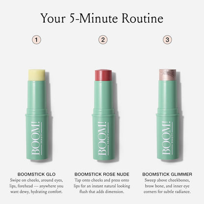 Boomstick Trio ® Rose Nude 3 Pack Cream Blush Makeup - Rose Nude Blush Stick, Highlighter Stick & Moisturizer for Cheeks, Eyes & Lips