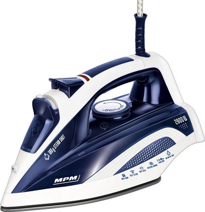 MPM MZE-21/N Iron, Ceramic Ironing Sole, Steam Iron, Vertical Steam, Steam Taping, Self-Cleaning, Drip Stop, 6 Functions, 400 ml Reservoir, 2800 W, Blue