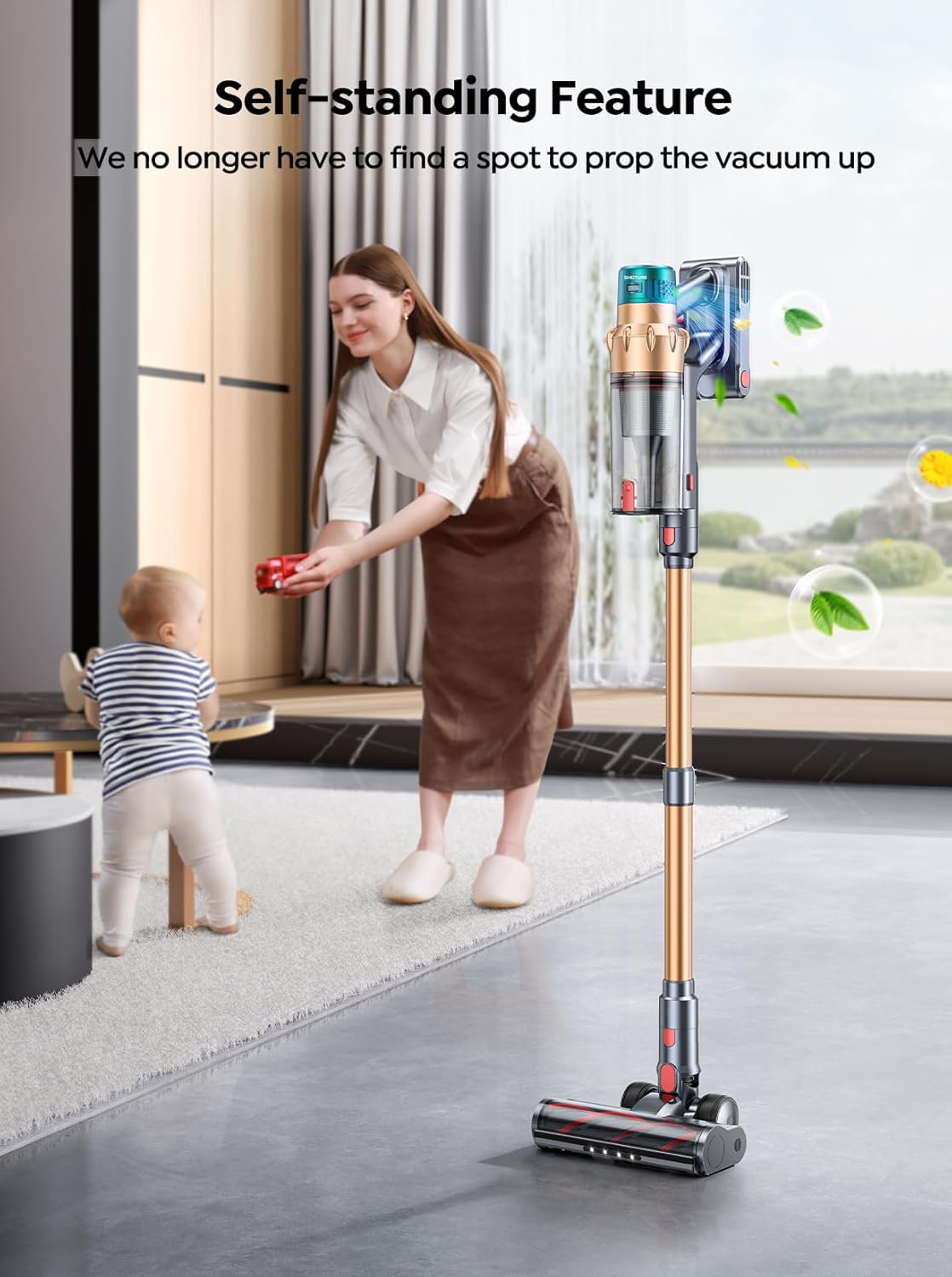 Cordless Vacuum Cleaner, 50KPA 600W, 65Mins Runtime, Self-Standing Stick Vacuum with Aroma Function, Auto Mode, Wall Charging, Touchscreen, Anti-Tangle Vacuum Cleaner for Pet Hair/Hardfloor/Carpet